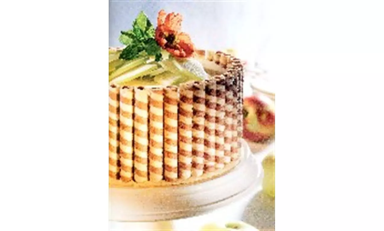 Gestreepte chocoladerolletjes rondom een lichte taart met groene appelsliertjes, munt en bloem op een wit bord met zacht appeldecor