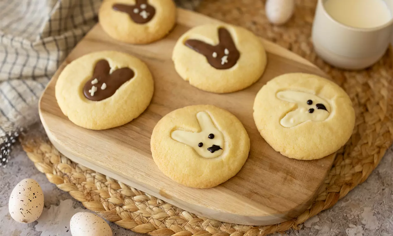 Ronde, goudgele Paaskoekjes met konijntjes van witte en donkere chocolade, op een houten serveerplank met decoratieve eieren en een mokje melk